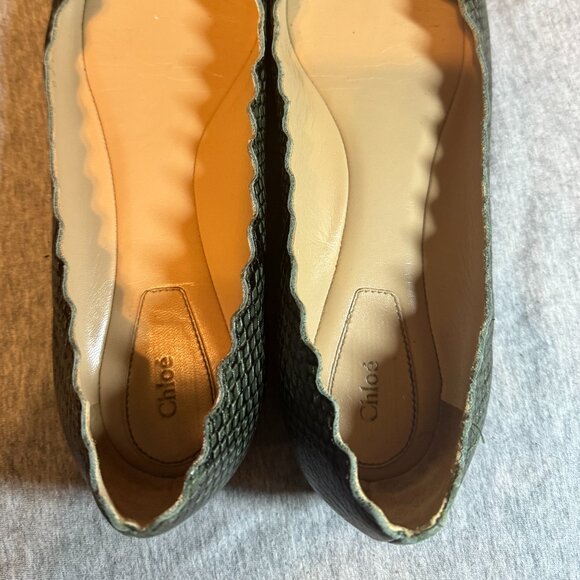 Chloe Green/Glack Python Embossed Leather Lauren Scallop Ballet Flats - Picture 2 of 11